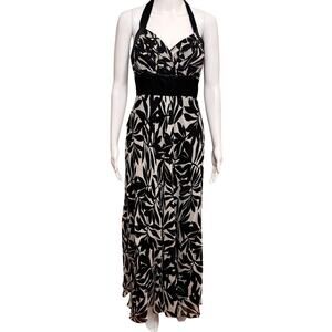 Vintage Donna Ricco Silk Halter Maxi Dress Size 8 Women's Leaf Empire Formal